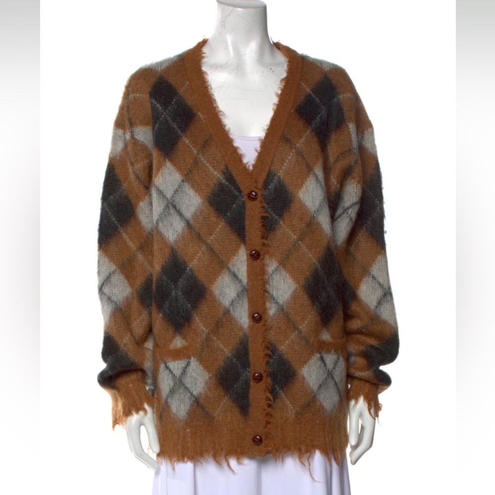 R13 Brown and Black Cardigan Sweater with Argyle Pattern